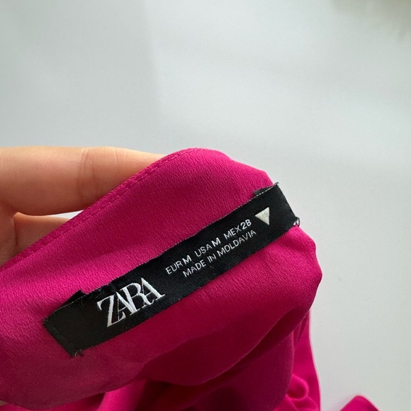 Zara Belted Mini‎ Dress Long Sleeve Tie Waist Lined Fuchsia Pink Size Medium - Picture 9 of 11